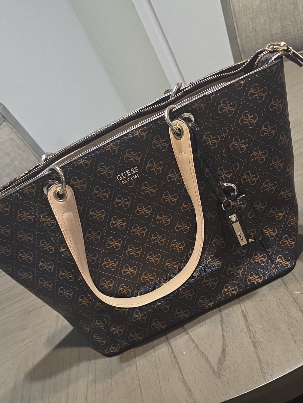 GUESS Brown Monogram Tote with Cream Handles